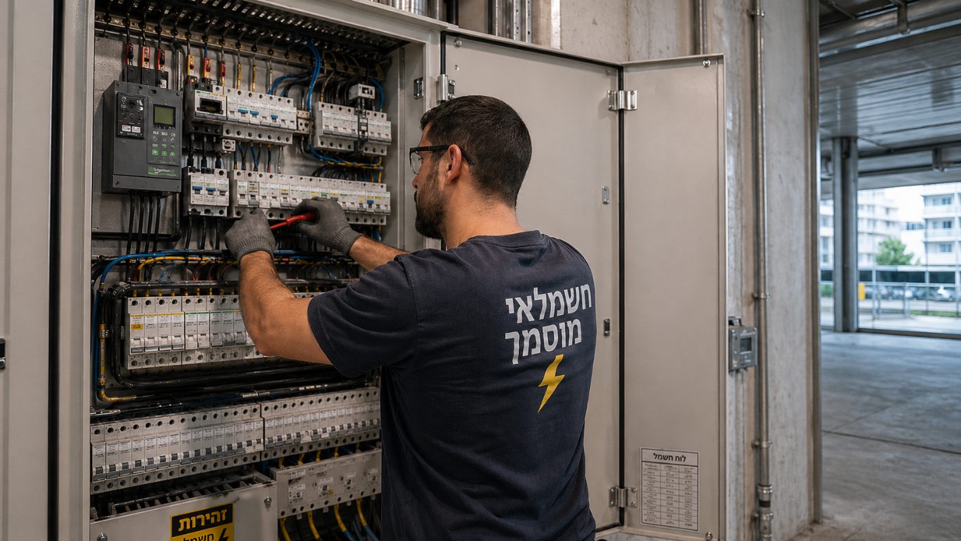 חשמלאי מוסמך עובד על לוח חשמל