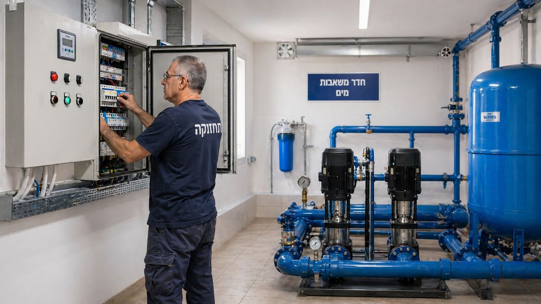 חדר משאבות מים — איש תחזוקה בעבודה